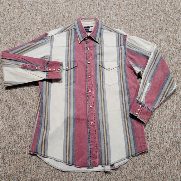 Wrangler Other - Wrangler Brushpopper Western Shirt‎ Men Large Multicolor Striped Pearl Snap Fade